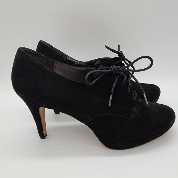 Adrienne Vittadini Suede Platform Heels Size 10M Black Shootie Booties Lace Up - Picture 1 of 13